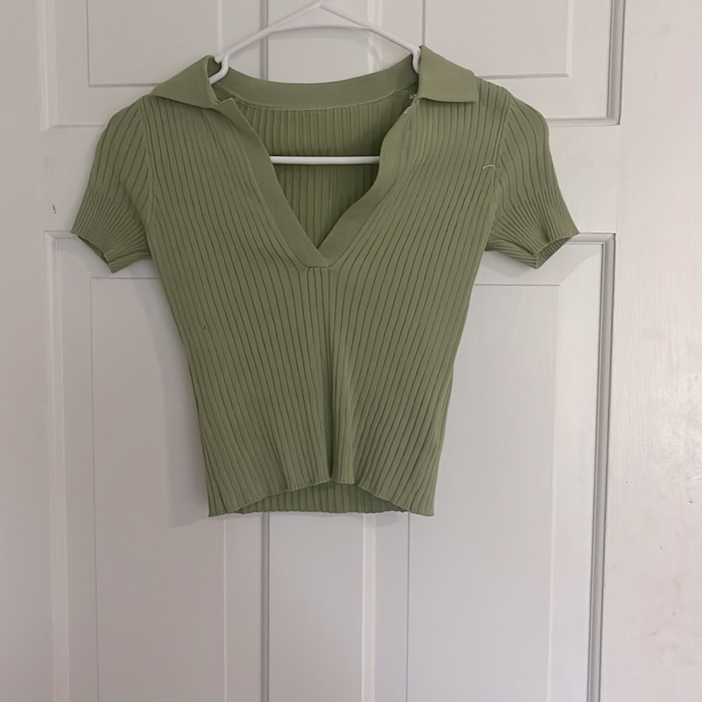 green deep v neck collared tee